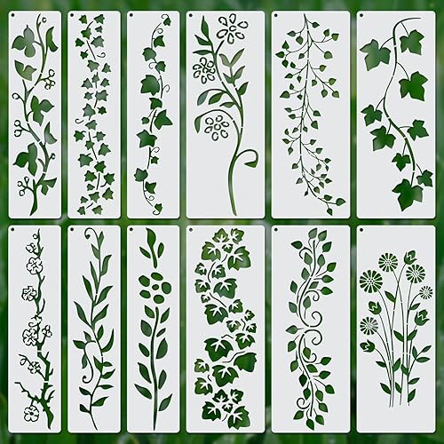 12pcs Leaf Vine Stencils, Leaves & Flower Stencil Reusable Floral Templates for Painting on Wood Drawing Canvas DIY Craft Home Decor Wall Art