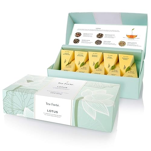 Tea Forte Lotus Relaxing Organic Tea, Petite Presentation Box Tea Sampler Gift Set with 10 Handcrafted Pyramid Tea Infusers - Sampler - Lotus