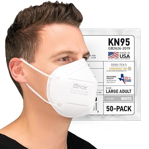 BNX KN95 Face Masks Made in USA (Adult Large, Adult Medium, Kids Small) (Earloop) (Model: E95/E95M/E95S) - Large 50-pack White