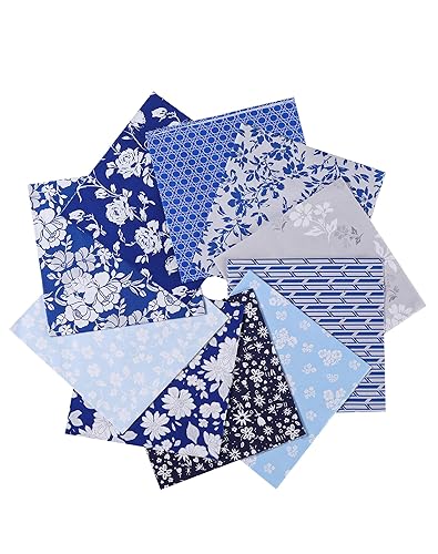 100% Cotton Quilting Fabric Bundle, 10Pcs Fat Quarters Fabric Bundles 50cm x 50cm, Pre-Shrunk, Medium Weight Plain Quilting Fabric Squares for Quilts, Sewing, Patchwork, DIY, Craft (Blue) - Blue