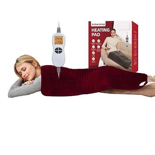 Ambershine 17''x33'' Heating Pad with 12 Temperature Settings & 4 Auto-Off Countdown Timers, Pain Relief for Back/Neck/Shoulders/Abdomen/Legs - Red