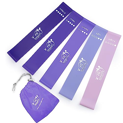 Fit Simplify Resistance Loop Exercise Bands with Instruction Guide and Carry Bag, Set of 5 - Purple