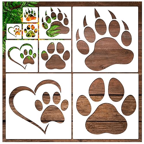 Dog Paw Stencils, Small and Large Bear Heart Paw Stencil Template Reusable Stencils for Painting on Wood Wall Furniture Home Decor (9 pcs paw) - 9 pcs paw