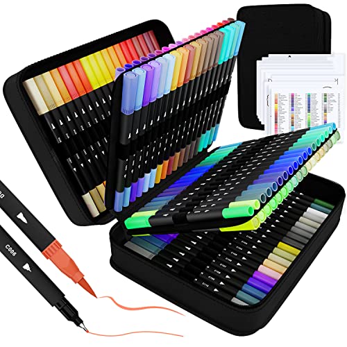 sunacme Art Supplier Dual Brush Markers, 110 Artist Fineliner & Brush Tip Pens with Premium Case for Adults Coloring Books & Kids Journal, Drawing, Doodling - 110 Colors