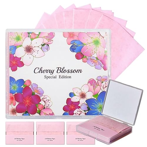 [400 Counts + Mirror Case] Cherry Blossom Natural Oil Blotting Paper for Face with Mirror Compact and Refills - 400 Count (Pack of 1) - CHERRY BLOSSOM