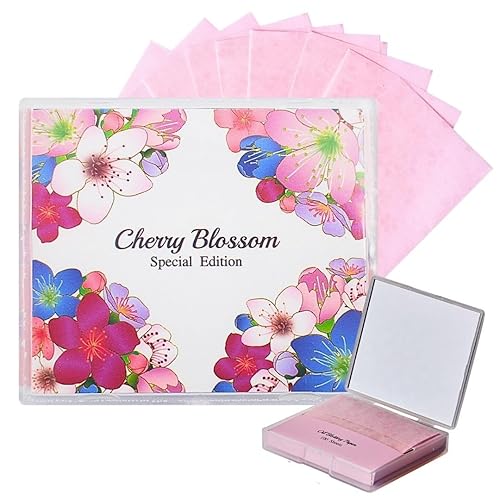 [100 Counts + Mirror Case] Cherry Blossom Natural Oil Blotting Paper for Face Korean with Mirror Case - 100 Count (Pack of 1) - CHERRY BLOSSOM