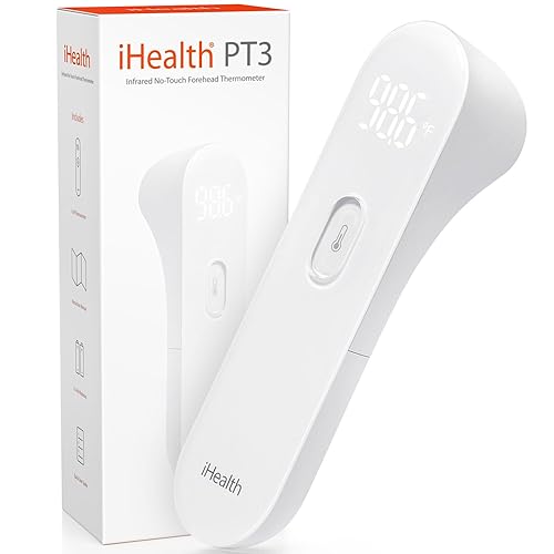 iHealth No-Touch Forehead Thermometer, Infrared Digital Thermometer for Adults and Kids, Touchless Baby Thermometer, 3 Ultra-Sensitive Sensors, Large LED Digits, Quiet Vibration Feedback, Non Contact - White