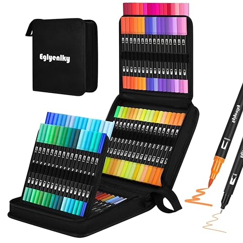Eglyenlky Dual Brush Pens, Markers Adult Coloring Book,100 Colors Art Pens with Fine Point Markers and Brush Tip for Adult Kids Drawing (Black Set) - 100 Colors-Black