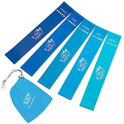 Fit Simplify Resistance Loop Exercise Bands with Instruction Guide and Carry Bag, Set of 5 - Blue