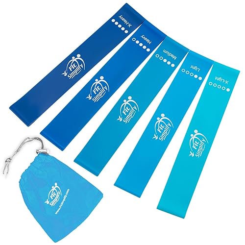 Fit Simplify Resistance Loop Exercise Bands with Instruction Guide and Carry Bag, Set of 5 - Blue