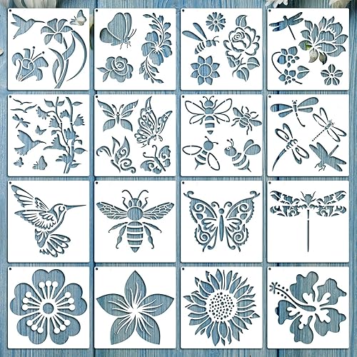 16 Pieces Stencil for Painting Sunflower Butterfly Floral Stencil Spring Summer Large Reusable Hummingbird Painting Templates and Metal Open Ring for DIY Craft on Wood Wall Home Decor(5.1 x 5.1 Inch) - 5.1 x 5.1 Inch