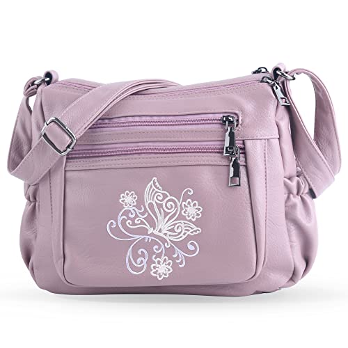 ELDA Embroidered Crossbody Bags For Women Print Pocketbooks Soft PU Leather Purses and Handbags Multi Pocket Shoulder Bag - Lavender