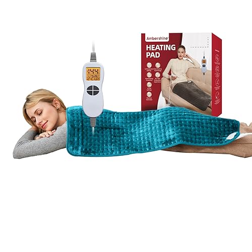 Ambershine 17''x33'' Heating Pad with 12 Temperature Settings & 4 Auto-Off Countdown Timers, Pain Relief for Back/Neck/Shoulders/Abdomen/Legs - Light Teal