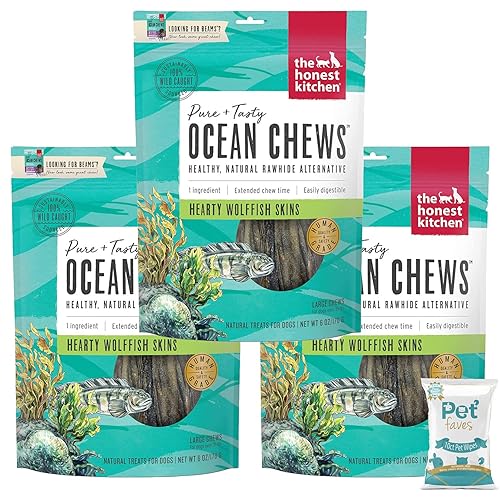 Pet Faves (3 Pack of 6oz) The Honest Kitchen Wolffish Ocean Chews Grain Free Dog Chew Treats – Natural Human Grade Dehydrated Fish Skins (6 oz Each) with 10ct Wipes