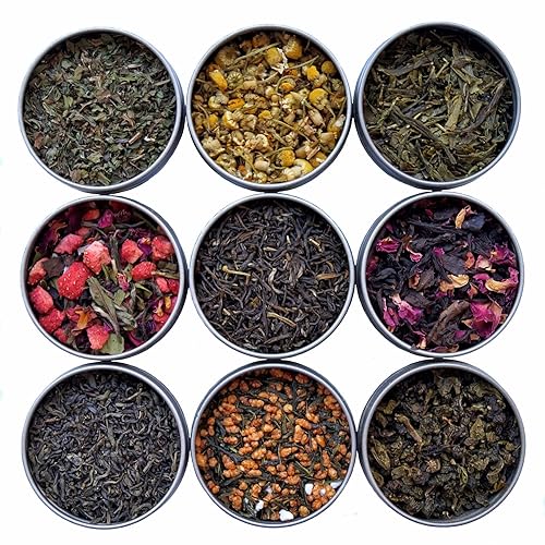 Heavenly Tea Leaves 9 Flavor Variety Pack, Loose Leaf Tea Sampler Gift Set (Approx. 90 Cups of Tea) - High to No Caffeine, Great Hot or Iced, Assortment of Green, Herbal, Black, & White Teas - 9 Flavor Variety Pack
