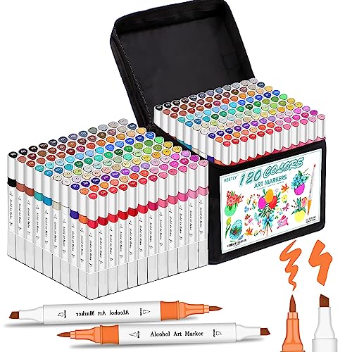 RESTLY Premium Quality 120 Alcohol Markers Brush Tip for Drawing & Sketching - Stunning Dual Tip Coloring Markers for Kids & Adults - Alcohol Based Drawing Markers Coloring Set for Painting - 120 Colors
