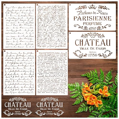 Script Stencils Reusable French Writing Stencils for Painting on Wood Furniture DIY Crafts Canvas Paper Fabric Wall Home Decoration (6pcs Script) - 6pcs Script