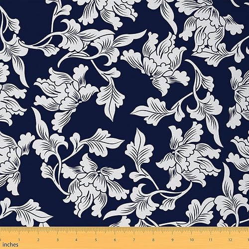 Navy Blue Fabric by The Yard, Floral Upholstery Fabric, Japanese Style Decorative Fabric for Quilting Sewing Clothing, Chic Leaves Botanical Fabric, DIY Craft Patchwork, Blue White, 5 Yards - Multi 13 - 5 Yards