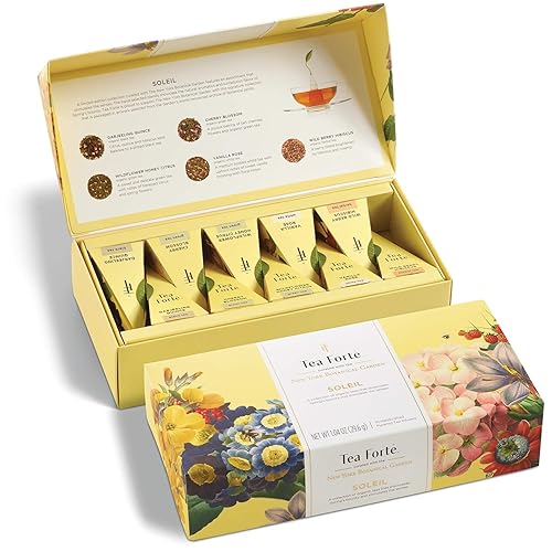 Tea Forte Soleil Organic Fruit and Flower Tea Petite Presentation Box, Sampler Gift Set With 10 Handcrafted Pyramid Tea Infusers - Sampler - Soleil