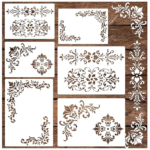 Corner Stencils for Painting, Vintage Damask Border Stencil Template Reusable Corners Damask Furniture Stencils for Wood Canvas Paper Fabric Floor DIY Craft (6pcs Corners) - 6pcs Corners