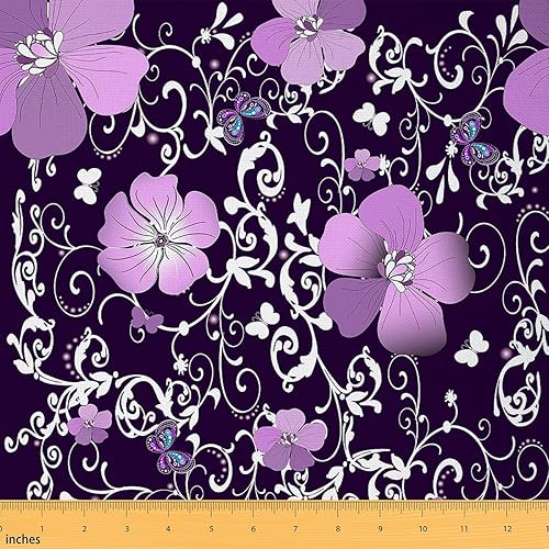 Floral Fabric by The Yard, Purple Flower Upholstery Fabric for Chairs, Butterfly Silhouettes Plant Decorative Fabric, Chic Blossom Petal Indoor Outdoor Fabric, Purple White, 5 Yards - Multi 07 - 5 Yards