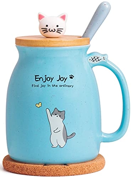 Feify Cute Cat Cup Ceramic Coffee Mug with Kawaii Cat Wooden Lid, Lovely Stainless Steel Spoon, Anime Kitty Thicken Wooden Coaster, Christmas Birthday Gift Cute Thing Japanese Mug 16oz (Blue)