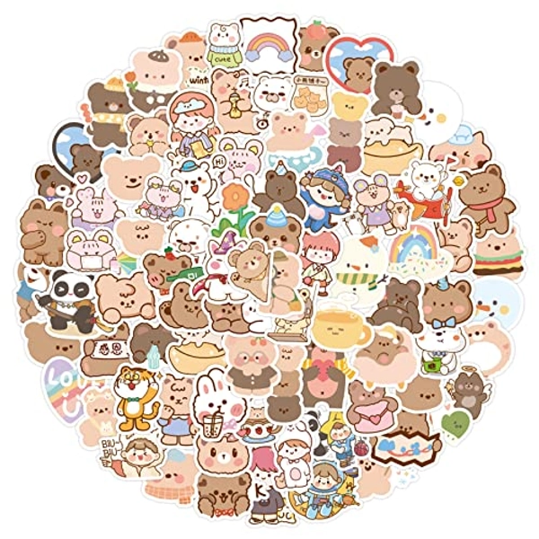 Cute Korean Bear Stickers Gifts for Girls Kids and Teens, 100pcs/Pack Small Kawaii Rilakkuma Stickers, Vinyl Waterproof Lovely Aesthetic Stickers Decals for Laptop Water Bottles Phone Scrapbooking