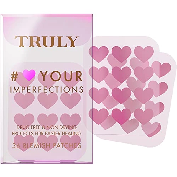 Truly Beauty Heart Your Imperfections Acne Patches - Hydrocolloid Acne Patches - Pimple Patches Cute Shapes - Heart Pimple Patch for Nose and Face - 36 Zit & Blemish Patches