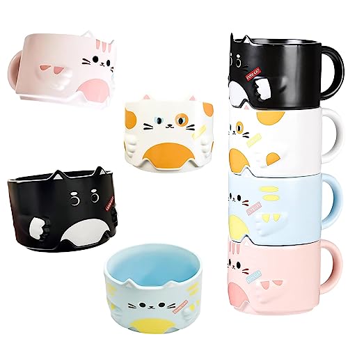 Jifoow Cat Mug Set of 4 Stackable Porcelain Cute Cat Coffee Mug Set Gifts for Cat Lovers,Funny Coffee Mugs with Cartoon Cat Designs 10 oz for Party, Christmas - Black, white, pink, light blue
