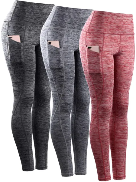 NELEUS Women's Yoga Pant Tummy Control High Waist Running Leggings with Pocket - Large 9033 Yoga Pant 3 Pack:black,grey,red