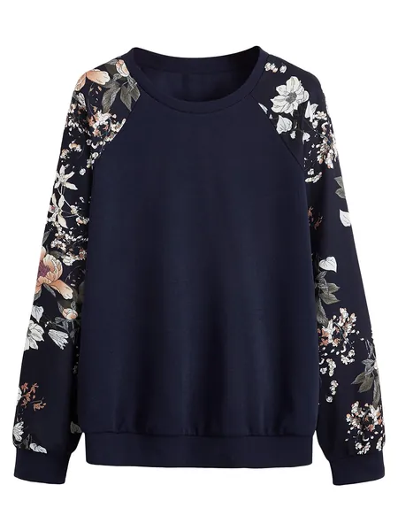 Romwe Women's Casual Floral Print Long Sleeve Pullover Tops Lightweight Sweatshirt - Small Navy Blue Aa