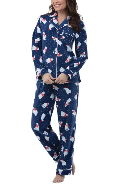 PajamaGram Christmas Pajamas For Women - Fleece Pajamas Women - X-Small Petite Navy Polar Bear