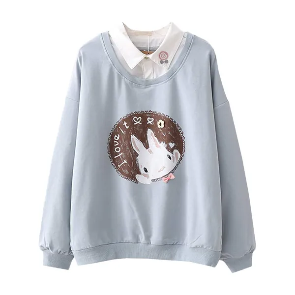 Teens Pink Sweatshirt, Spring Autumn Cotton Patchwork Pullover Bunny Print Thin Tops - Blue