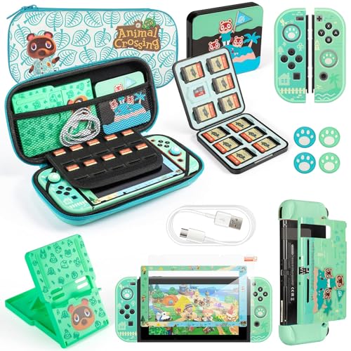 fnson Case for Switch with Animal Crossing, Switch Accessories Bundle Carry Case & Protective Case Cover, Screen Protector & Thumb Grip Green (SWITCH)