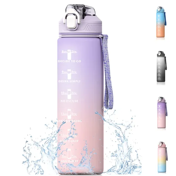 Bugucat Water Bottle 32OZ, Tritan Drinks Bottle with Straw and Time Markings, Jug Leak Proof,Sport Water Storage Container for Teenager Adult, Water Bottle for Gym School Cycling Fitness Outdoor - Purple