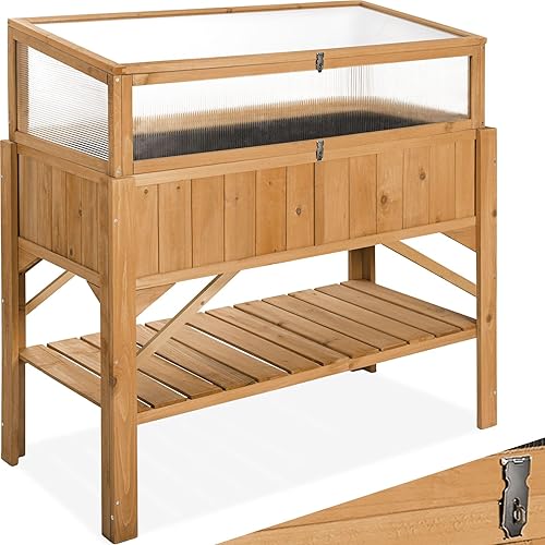 TecTake® Carré Potager de Jardin sur Pied surélevé en Bois, Bac à semis Jardiniere Bois avec Rangement pour Les Outils, Mini Serre Châssis Incluse - 119 x 53 x 90 cm - Serre de Jardin