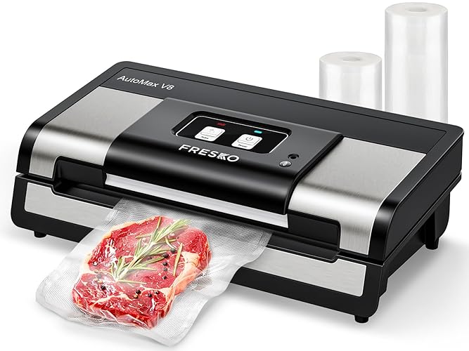FRESKO Automatique Machine Sous Vide Alimentaire, 140 Watts, Machine Sous Vide Mains Libres, Détection Sec/Humide, Sac à 2 Rouleaux, coupeur intégré et rangement du sac (AutoMax V8) - Argent