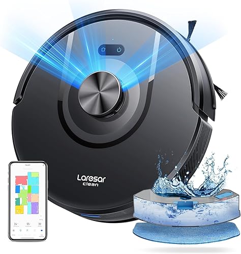 Laresar Clean Robot Aspirateur Laveur Mars01, Navigation Lidar 360°, 5000Pa Aspirateur Robot, 180min, Robot Aspirateur Laveur Convient aux Poils d'animaux, Tapis et Sols，App/Alexa/Google Home - Noir