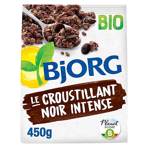 BJORG - Croustillant Noir Intense Bio - Céréales Complètes - Chocolat Noir - Riche En Fibres - 450g - Intense Choco