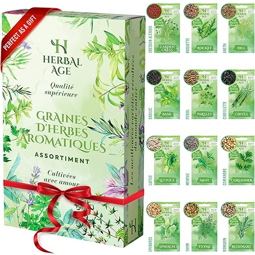 HERBAL AGE 12 Variétés de Plantes d'Herbes, 8700 Graines d'Herbes, Idée Cadeau Homme et Femme, Kit de Jardinieres Exterieur Pour Adultes, Enfants, Débutants, Menthe, Persil, Basilic, Romarin