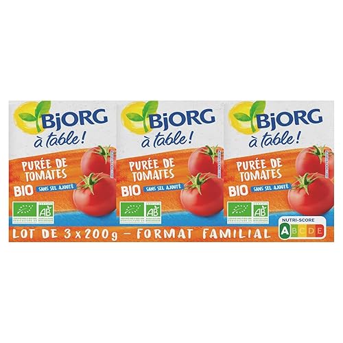 BJORG - Purée Tomate Bio - Sans Sel Ajouté - 100% Végétale - 3 briques de 200 g - lot de 2 (total de 1200 g) - Tomates