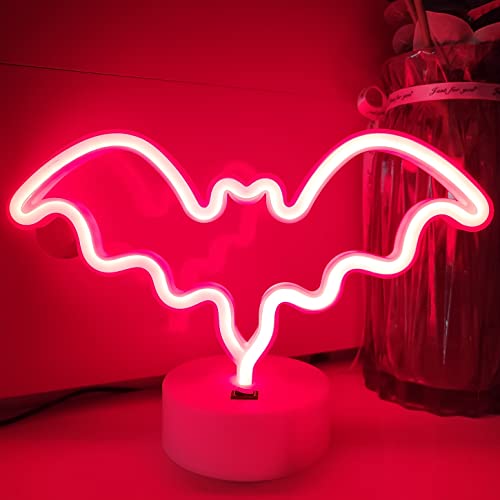 JYWJ Bat Neon Sign with Holder Base,USB or 3-AA Battery Powered Neon Light,LED Desktop Wall Decoration,Various Parties,Decoration of Business Premises(Red) - Red