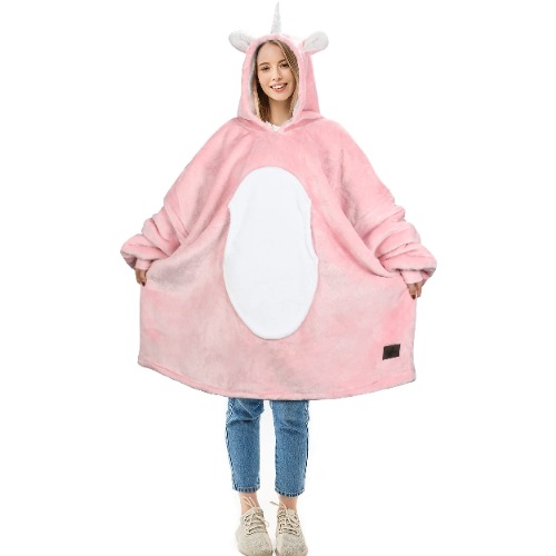 Oversized Blanket Sweatshirt, Super Soft Warm Cozy Wearable Sherpa Hoodie for Adults, Reversible, Hood & Large Pocket, One Size, Pink - Pink Unicorn - One Size