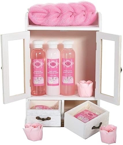 BRUBAKER Cosmetics - 10-teiliges Bade- und Pflege Set Geschenkset - Kirschblüten & Reismilch - Vegan - im Vintage Beauty-Schrank Weiß - Kirschblüte & Reismilch