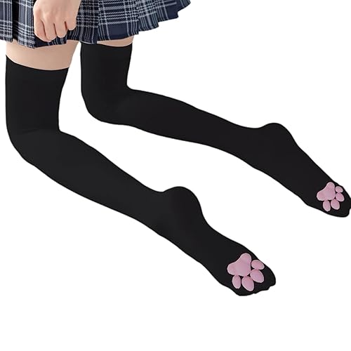 Damen Katzenpfoten Strümpfe Animal 3D Fashion Socken Highs Strümpfe Atmungsaktiv Bequem Über Die Kniestrümpfe Für Cosplay Pfotensocken - 160 - Schwarz
