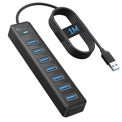 PHIXERO 7 Port USB 3.0 Hub, 3.3FT/1M Long Cable USB Data Hub USB Multiport Adapter, PC USB Hub for Laptop Compatible with All USB 3.0/2.0/1.1 Port Device - 100CM/3.3FT - 7 Port