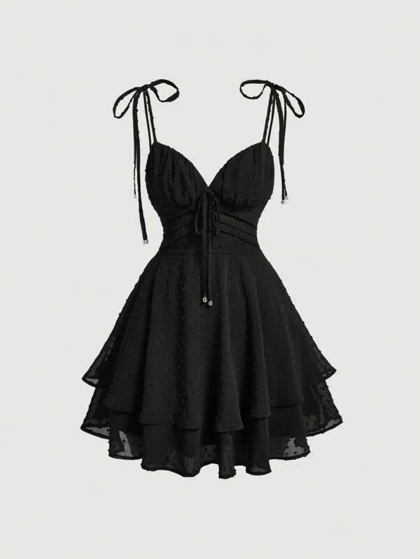 SHEIN MOD Vestido cami ponto suíço amarrar o ombro | SHEIN Brasil