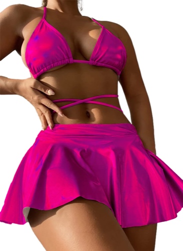 Rave Outfits for Women - Sexy Music Festival Metallic Holographic Strappy Bikini Top Bottom Beach Skirt 3 Piece Set
