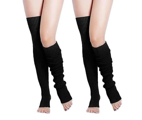v28 Women’s Neon Knit Leg Warmer for 80s Party Dance Sports Yoga - Hole 61-2(black+black)
