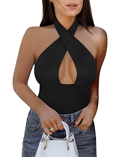 REORIA Women's Sexy Criss Cross Halter Neck Sleeveless Thong Bodysuits Tops Clubwear - XX-Large - Black